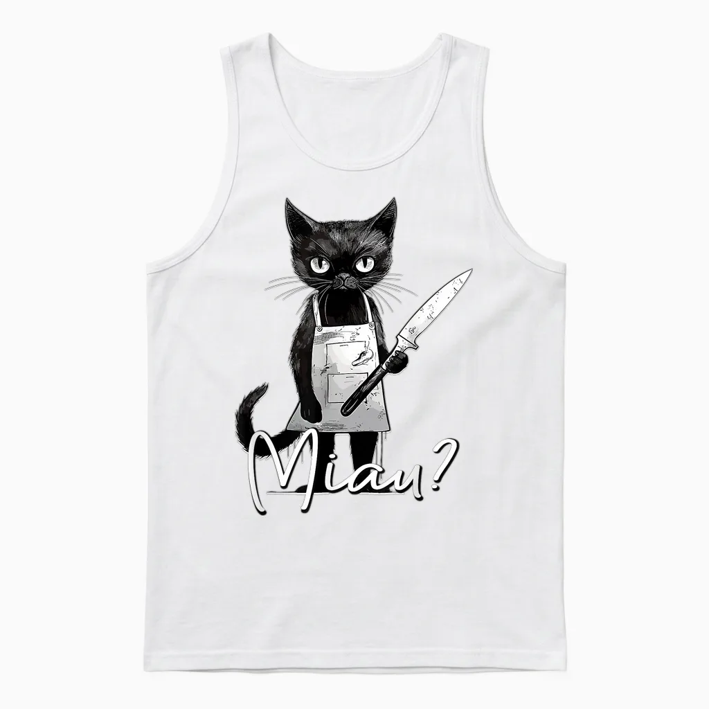Miau Katze Mit Messer I Lustiges Katzenmotiv I Katze Miau Unisex Tank Top in White