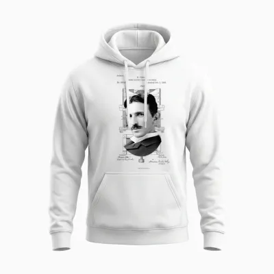 Miss Whimsy Nikola Tesla Photo Patent T-Shirt T-Shirt, Unisex-Erwachsene, Grey, S Unisex Hoodie - White