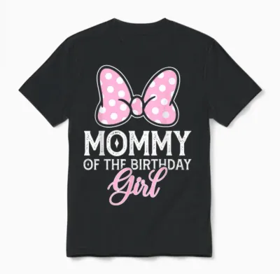 Mommy of the Birthday Girl Cute Pink Bow Family Matching Unisex T-Shirt - Black