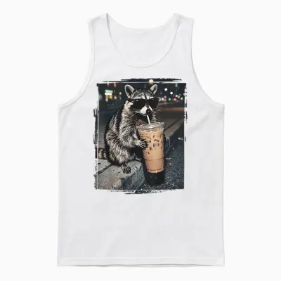 Raccoon Drinking Iced Coffee Funny Animal Meme Men Women Unisex Tank Top - White