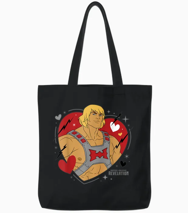 The Revelation of Masters of the Universe - He Man Heart T-Shirt, Blue Tote Bags in Black
