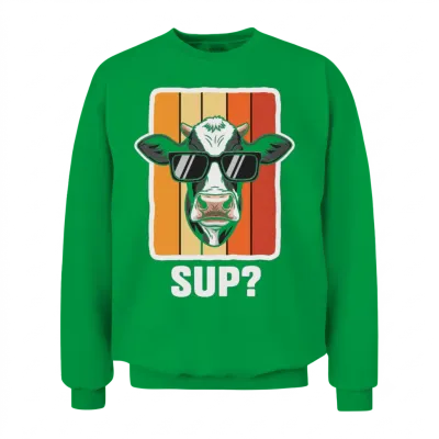 Cow in Shades on Retro Stripes Unisex Sweatshirt - Irish Green