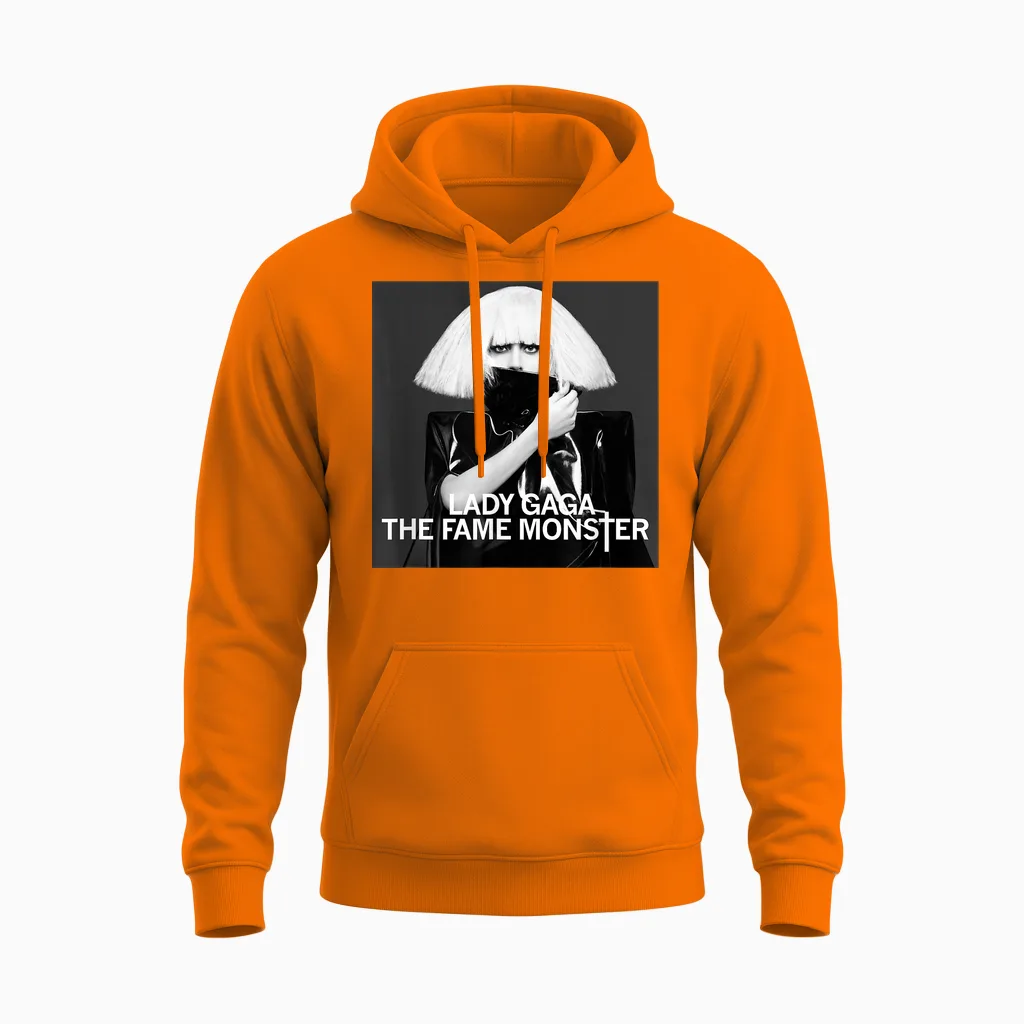 Official Lady Gaga the Fame Monster T-Shirt, Black Unisex Hoodie in Safety Orange