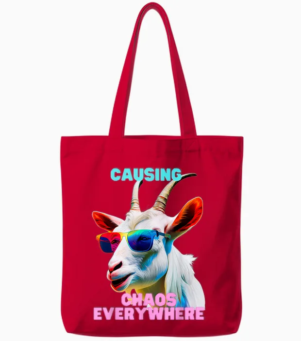 Causing Chaos Everywhere, Exciting, Funny Crazy Goat Tote Bags in Red