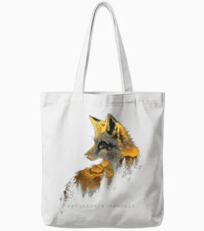 Fox Forest Protect Preserve Hiking Camping Nature Lovers T-Shirt, Black Tote Bags - White