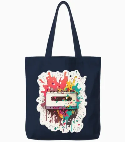 Retro Cassette Sticker Style Tote Bags - Navy