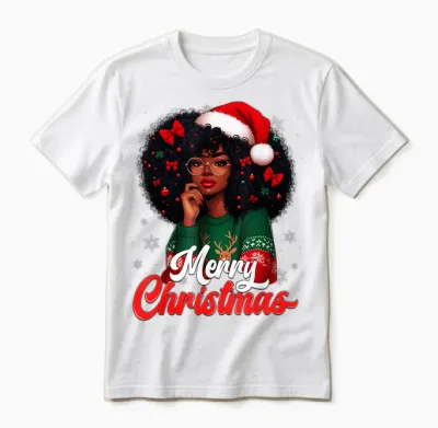 Black Girl Santa Hat Merry Christmas Pajama African American Unisex T-Shirt - White