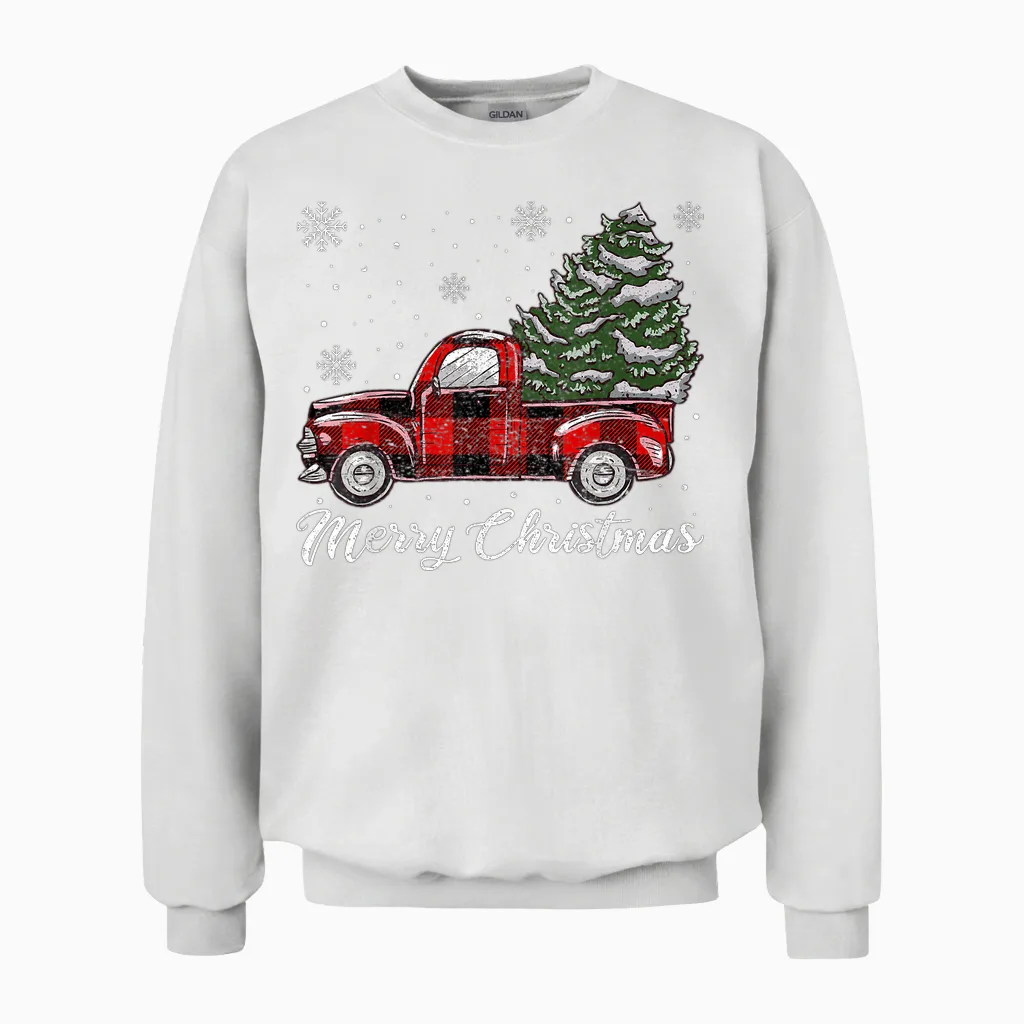 Christmas Tree Red Truck Pajama, Vintage Buffalo Plaid Truck Unisex Sweatshirt in White