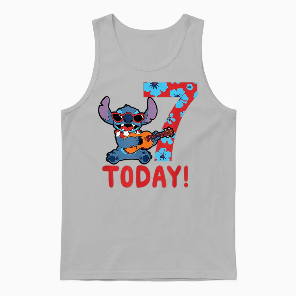 Children's Disney Lilo & Stitch Tropical Birthday 7 Years Old Today T-Shirt, Black Unisex Tank Top in Ash