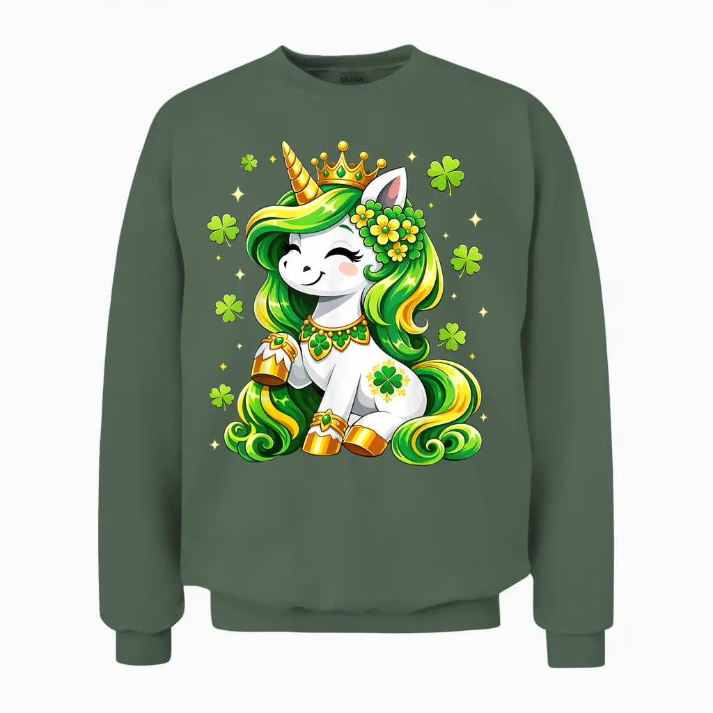 Lepricorn Unicorn Shamrock St Patricks Day Shirts Kids Girls Unisex Sweatshirt in Military Green