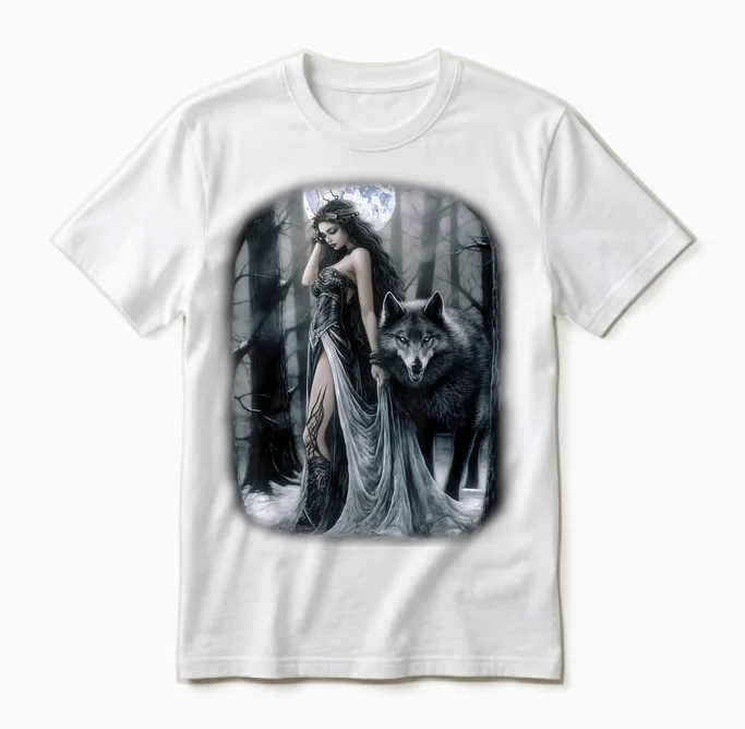 Frau Und Grauer Wolf Im Dunklen Wald Mit Mond Fantasy Unisex T-Shirt in White