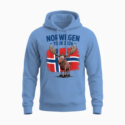 Norwegen Tour 2026 Elch Angeln Camping & Natur in Norwegen Unisex Hoodie - Carolina Blue
