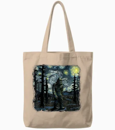 Bigfoot Starry Night Sasquatch Van Gogh Sky Painting Art Tote Bags - Natural