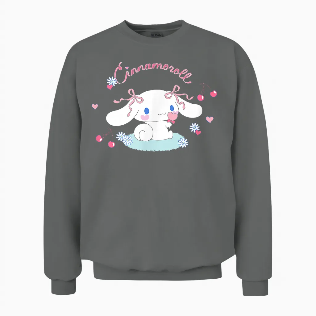 Sanrio Cinnamoroll Cherry Love Unisex T-Shirt, White, Small, Short Sleeve, Classic Fit, All Seasons Unisex Sweatshirt in Graphite Heather