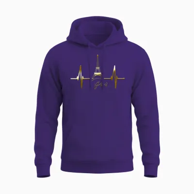 Paris Skyline Heartbeat I Love Eiffel Tower Love France T-Shirt, Black Unisex Hoodie - Purple