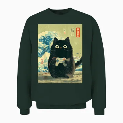 Japanische Schwarze Gamer Cat Videospiele Great Wave Cat Dad Unisex Sweatshirt - Forest