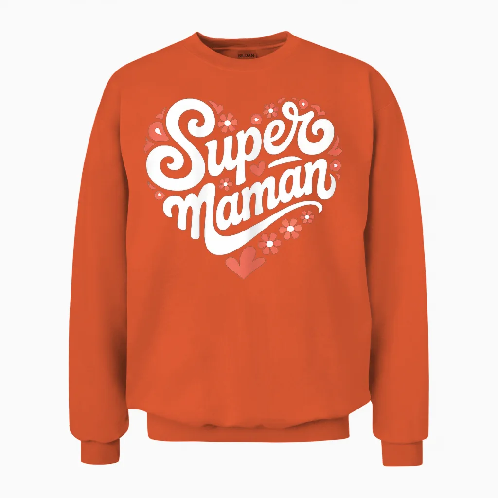 Super Mum Heart Flowers Gift Cute Original Mother Woman T-Shirt, Black, S Unisex Sweatshirt in Orange