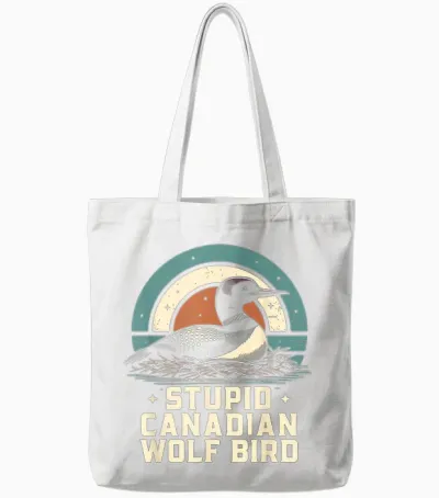 Stupid Canadian Wolf Bird Vintage Heated Hookey Loon Meme Tote Bags - White