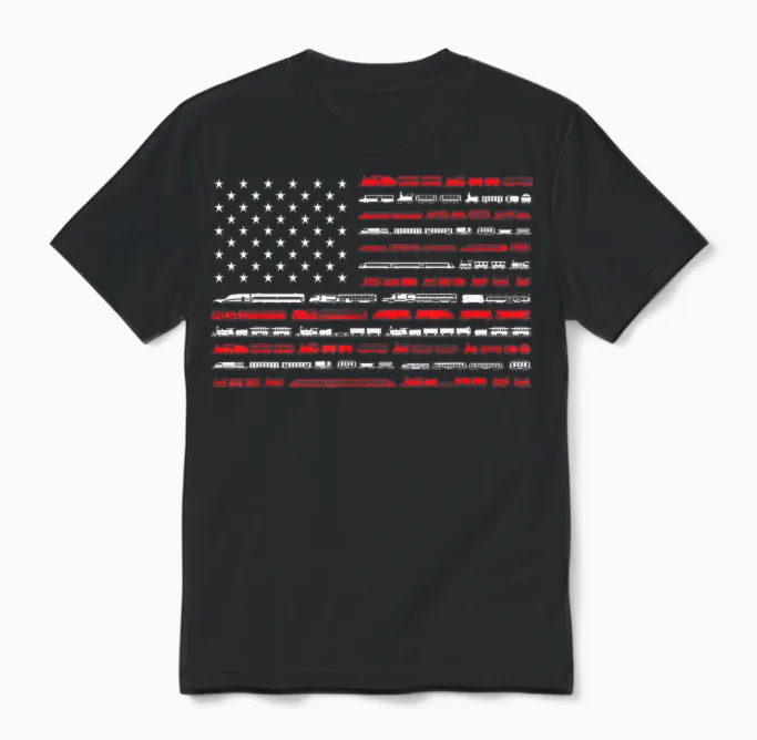 Train Railroad American Flag Vintage Locomotive Unisex T-Shirt in Black