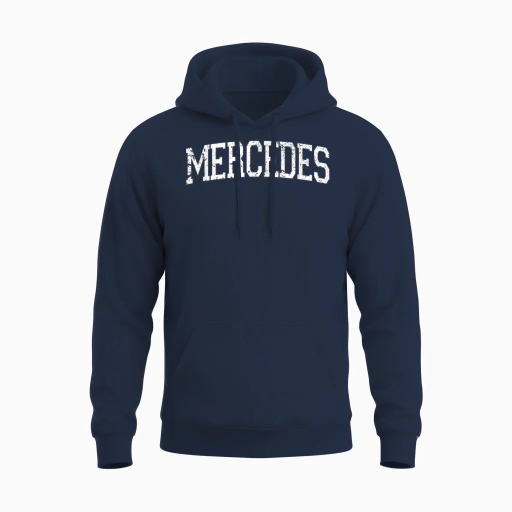 Vintage Personalised Name Classic Mercedes T-Shirt, Black Unisex Hoodie in Navy