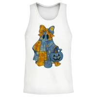 Quilted Ghost with Big Bow and Pumpkin Halloween Unisex Tank Top - White – 2
