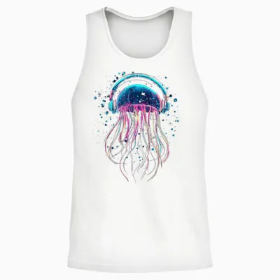@n!mal Quallen Tiermotiv Musik Kopfhörer Kunst Quallen T-Shirt Schwarz S Cartoon Klassisch Crew-Neck Kurzarm Unisex Erwachsene Kinder Tierliebhaber Unisex Tank Top - White