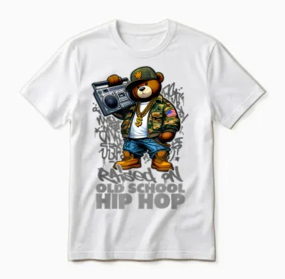 Raised on Old School Hip Hop Bear Rap 90s Hip Hop T-Shirt, Black, S Unisex T-Shirt - White