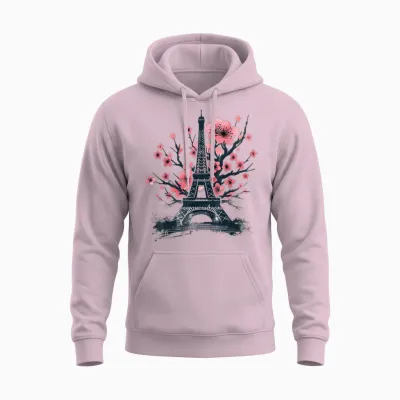 Paris Eiffel Tower Vintage Parisian T-Shirt, White, S Unisex Hoodie - Light Pink