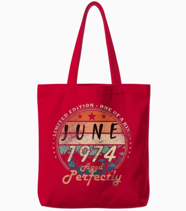 June 1974 Vintage Birthday Present Tote Bags in Red