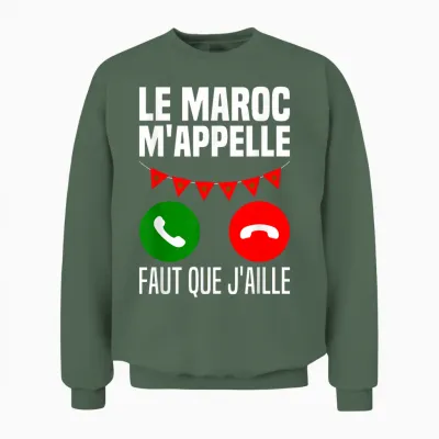 Morocco Calls Me Je Peux Pas Je Me Barre Au Maroc Flag T-Shirt, Black, S Unisex Sweatshirt - Military Green