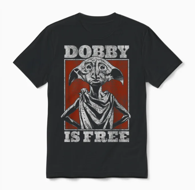 Harry Potter and the Deathly Hallows Vintage Dobby Is Free Unisex T-Shirt in Black
