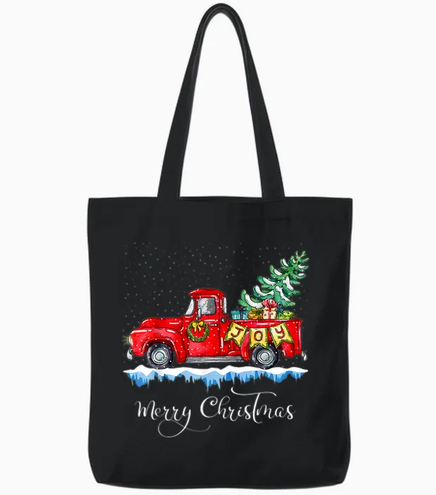 Vintage Merry Christmas Red Truck Old Fashioned Christmas Tote Bags in Black