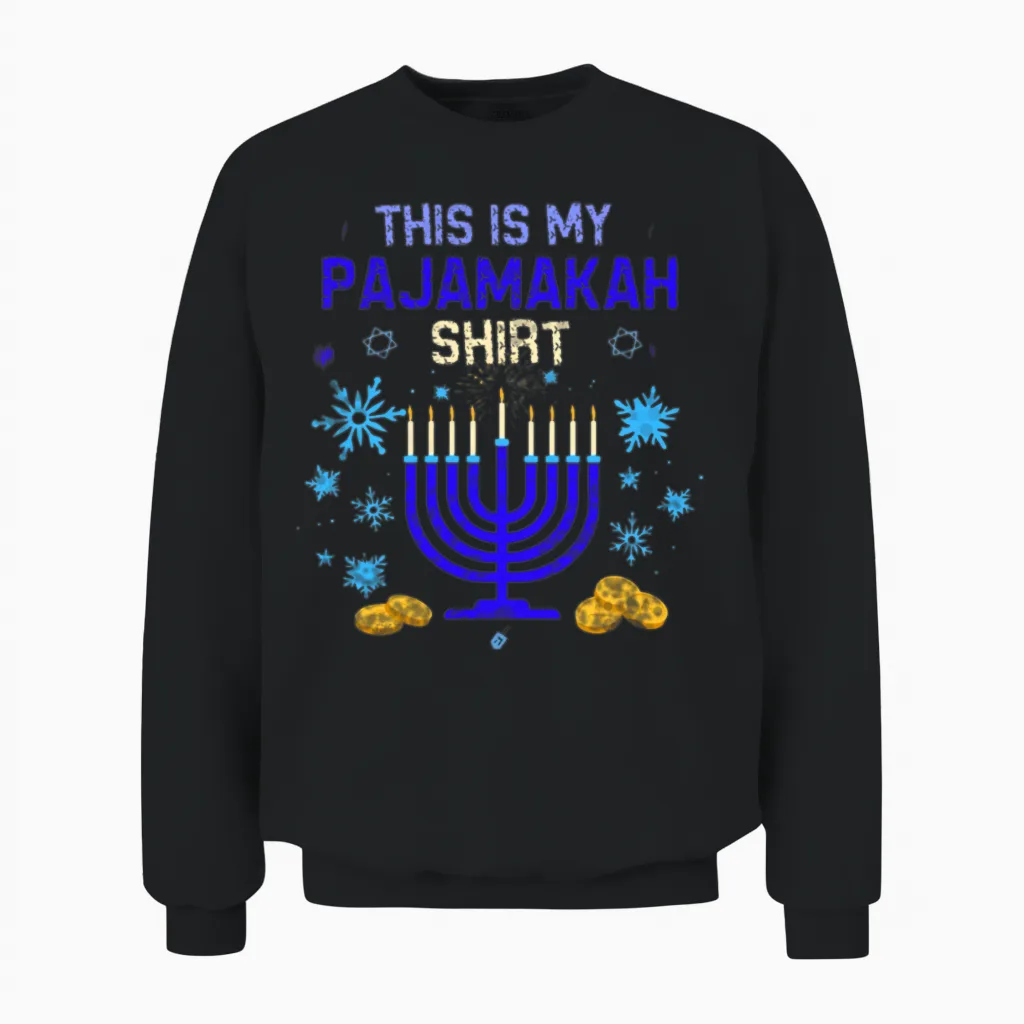Pajamakka Shirt | Funny Hanukkah Pajamas Menorah Unisex Sweatshirt in Black