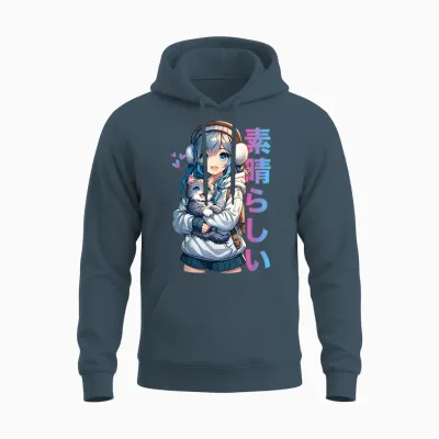 Cute Anime Girl with Cat for Cat Lover Kawaii Otaku Manga Unisex Hoodie - Dark Heather