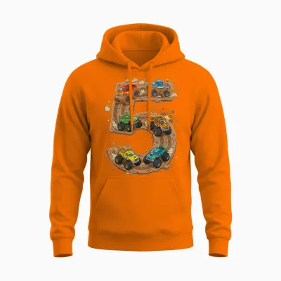 5 Year Old Monster Truck Boy Toddler 5th Birthday Party Unisex Hoodie - Safety Orange