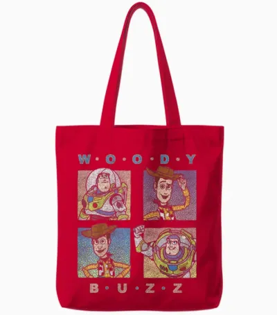 Disney Pixar Toy Story Woody and Buzz Four Square T-Shirt, Black, S Tote Bags - Red