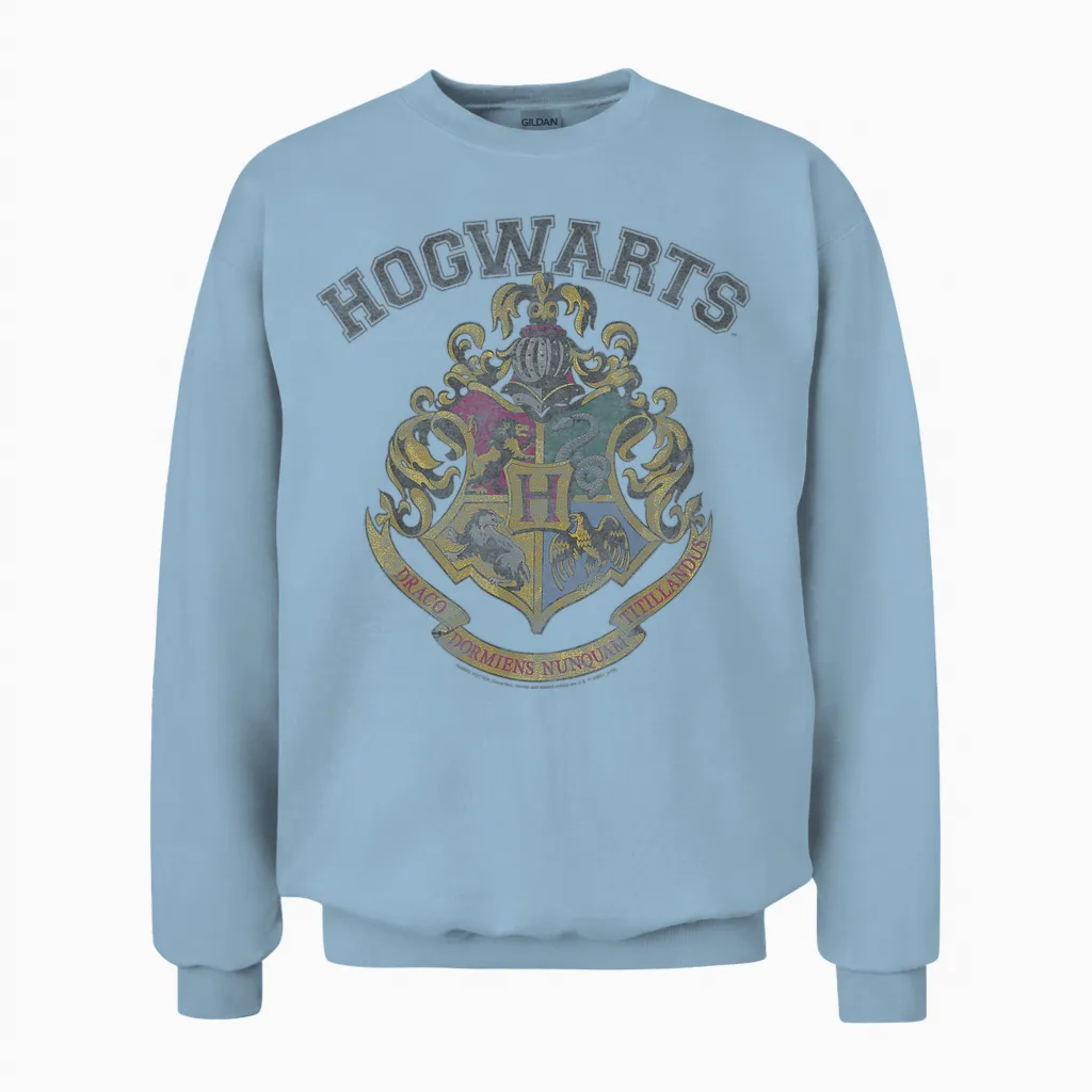 Harry Potter Hogwarts Vintage Crest Short Sleeve Unisex Sweatshirt in Light Blue