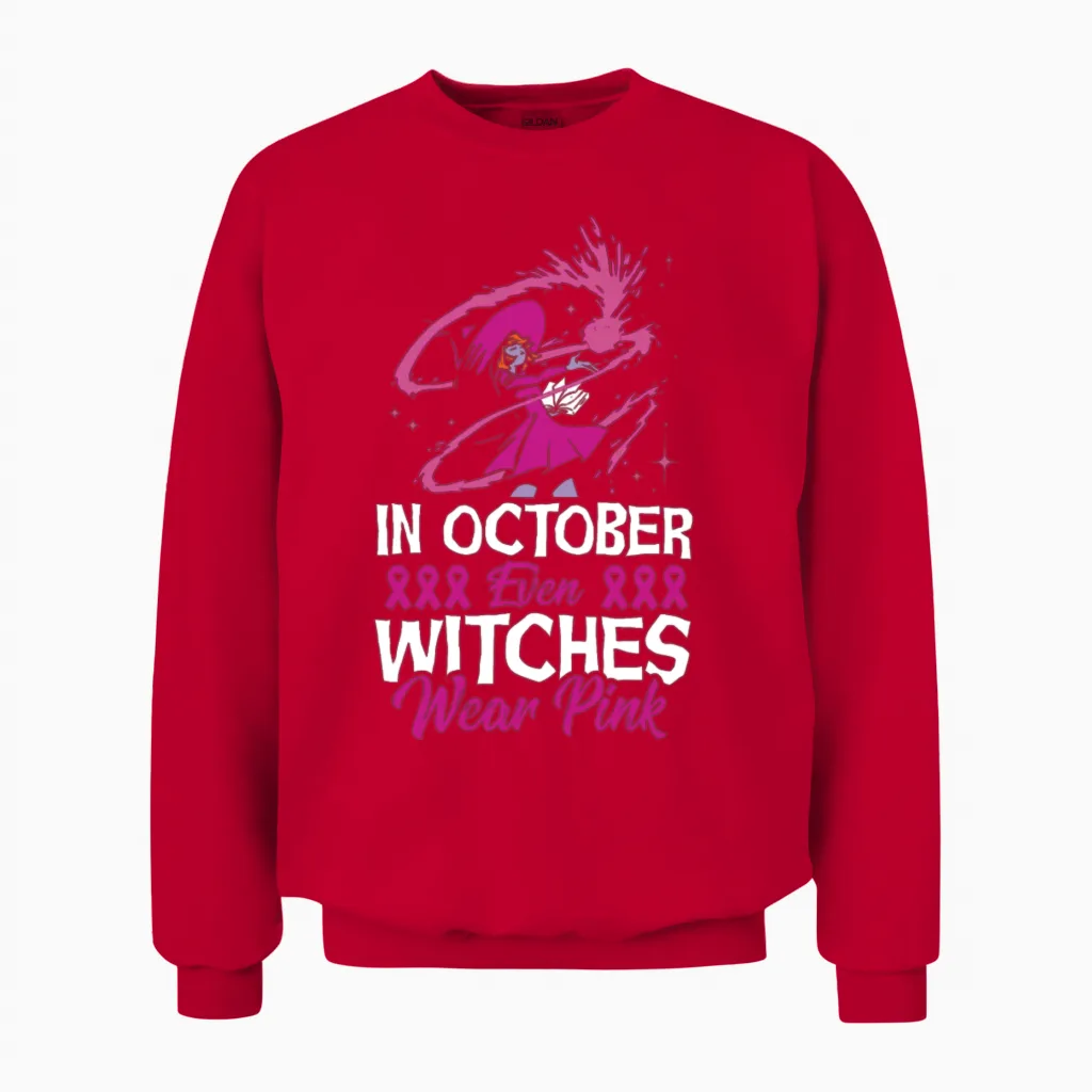 In October Even Witches Wear Pink Breast Cancer Unisex Sweatshirt in Red