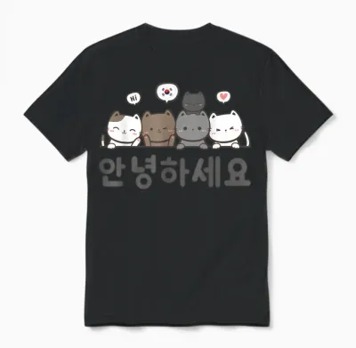Korean Flag and Cats | Hello Korean Annyeong Haseyo T-Shirt, White, S Unisex T-Shirt - Black