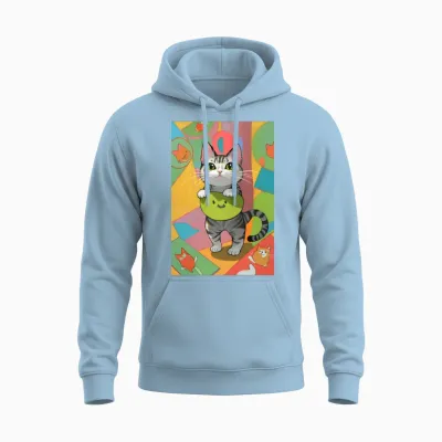 Cartoon Funny Cat Unisex Hoodie - Light Blue