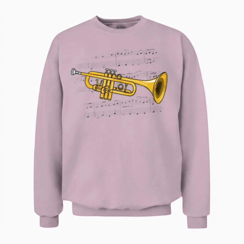 Trumpet Music Notation Trumpeter Brass Musician Unisex Sweatshirt in Light Pink
