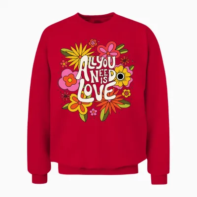 The Beatles - All You Need Is Love Retro Flowers Long Sleeve, Black Unisex Sweatshirt - Red
