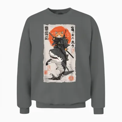 Epic Ninja Cat Riding Shark Funny Japanese Ukiyo-E Art Unisex Sweatshirt - Graphite Heather