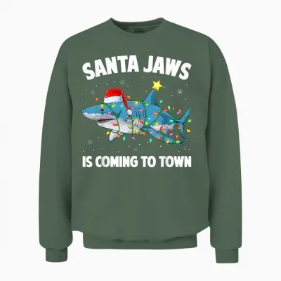 Santa Jaws Shark Christmas Lights Merry Sharkmas Xmas Boys Unisex Sweatshirt - Military Green