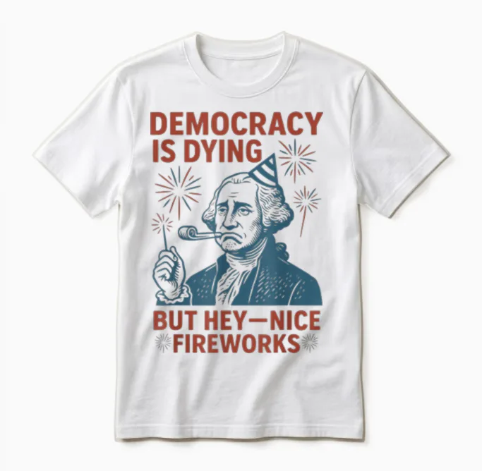 Democracy Is Dying Nice Fireworks, G. Washington 4th of July Unisex T-Shirt in White