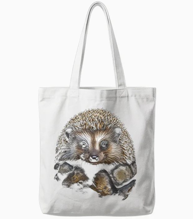 Hedgehog Animal Graphic Art Hedgehog T-Shirt, Black Tote Bags in White