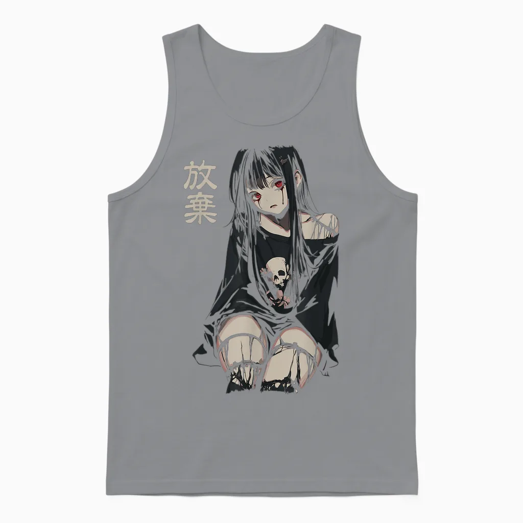 Anime Horror Girl Aesthetic Soft Grunge Waifu Japanese Girl T-Shirt, Black, S Unisex Tank Top in Sport Grey