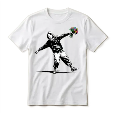 Banksy Protester Throwing Flowers Unisex T-Shirt - White