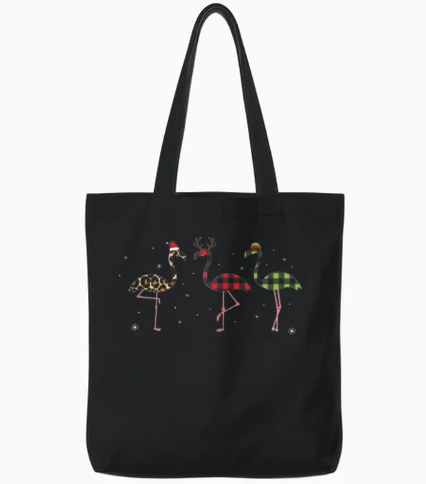 Funny Christmas Flamingos Tote Bags in Black