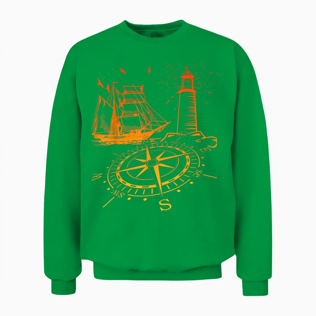 Maritim Kompass Segelschiff Norden Leuchtturm Unisex Sweatshirt in Irish Green